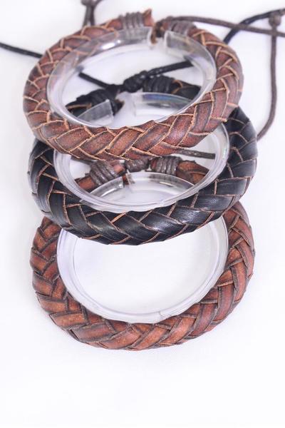 Bracelet Real Leather Band Braided Adjustable / 12 pcs = Dozen  Unisex , Adjustable , 4 of each Pattern Mix , Individual Hang tag & OPP Bag & UPC Code