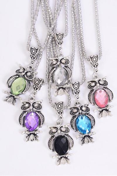 Necklace Silver Chain Owl Glass Diamond Cut Multi / 12 pcs = Dozen match 27067 03171  Pendant - 1.25" x 0.75" Wide , Chain - 18" Extension Chain , 2 of each Pattern Asst , Hang Tag & OPP Bag & UPC Code
