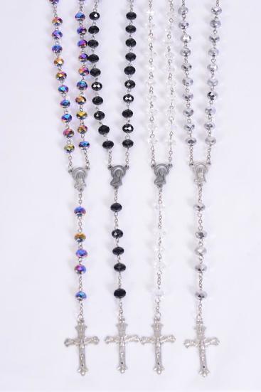 Necklace 10 mm Glass Crystal Crucifix Mother Virgin Mary Rosary / PC 32" Long , Choose Colors , Hang Tag & OPP Bag & UPC Code