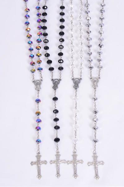 Necklace 10 mm Glass Crystal Crucifix Mother Virgin Mary Rosary / PC 32" Long , Choose Colors , Hang Tag & OPP Bag & UPC Code