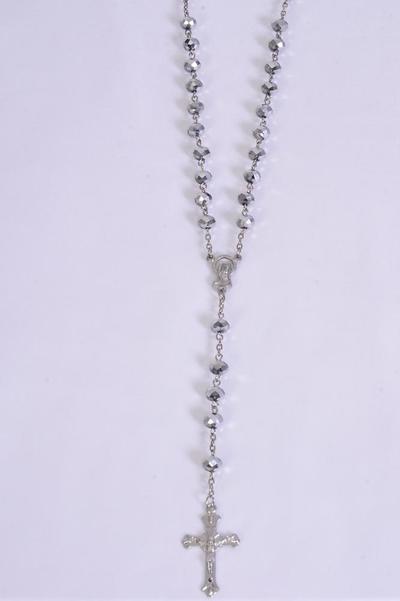 Necklace 10 mm Glass Crystal Crucifix Mother Virgin Mary Rosary / PC 32" Long , Choose Colors , Hang Tag & OPP Bag & UPC Code