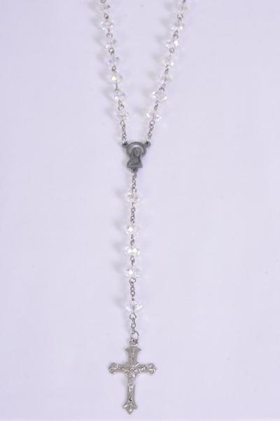 Necklace 10 mm Glass Crystal Crucifix Mother Virgin Mary Rosary / PC 32" Long , Choose Colors , Hang Tag & OPP Bag & UPC Code