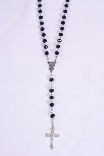 Necklace 10 mm Glass Crystal Crucifix Mother Virgin Mary Rosary / PC 32" Long , Choose Colors , Hang Tag & OPP Bag & UPC Code