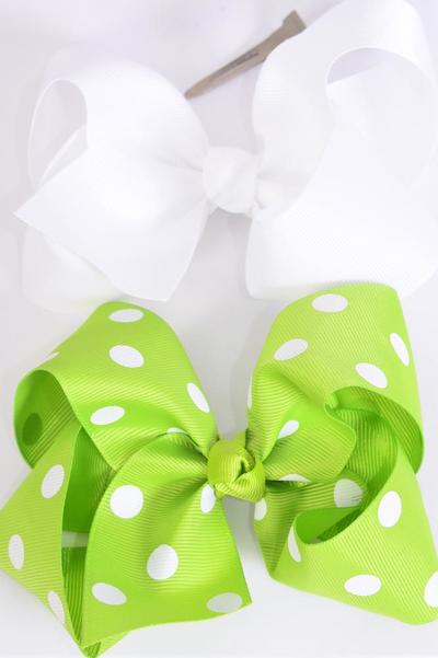 Hair Bow Jumbo Polka dot White & Lime Green Mix Grosgrain Bow-tie / 12 pcs Bow = Dozen  Alligator Clip , Size-6"x 5" Wide , 6 of each Pattern Mix , Clip Strip & UPC Code