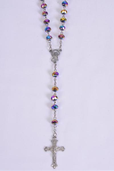 Necklace 10 mm Glass Crystal Crucifix Mother Virgin Mary Rosary / PC 32" Long , Choose Colors , Hang Tag & OPP Bag & UPC Code