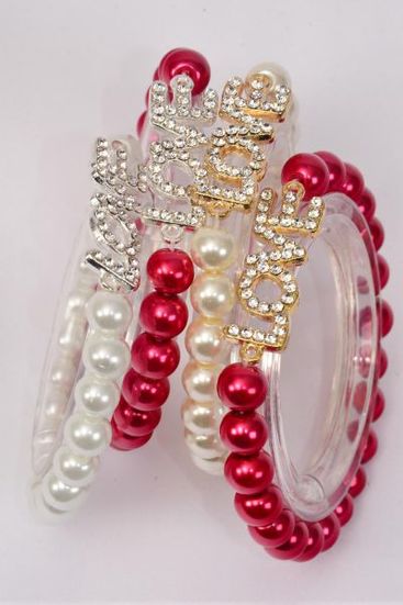 Bracelet Gold 8 mm Glass Pearl Rhinestone Love / 12 pcs = Dozen Stretch , Love Size-1"x 0.5" Wide , 4 of each Color Asst , Hang Tag & OPP bag & UPC Code