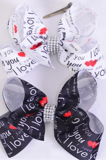 Hair Bow Jumbo I Love You Hearts Words Grosgrain Bow-tie/DZ **Alligator Clip** Size-6"x 5" Wide,6 of each Pattern Asst,Clip Strip & UPC Code