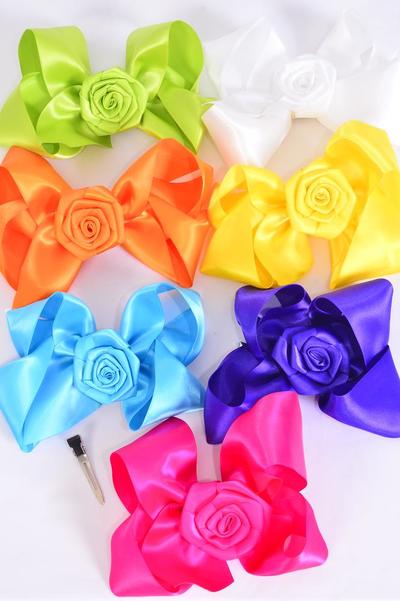 Hair Bow Jumbo Satin Rose Citrus / 12 pcs Bow = Dozen Alligator Clip , Size - 6" x 5" Wide , 2 White , 2 Yellow , 2 Blue , 2 Fuchsia , 2 Purple , 1 Orange , 1 Lime Color Asst , Clip Strip & UPC Code
