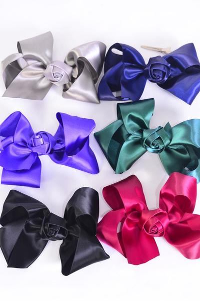 Hair Bow Jumbo Satin Rose Dark Multi / 12 pcs Bow = Dozen Dark Multi , Alligator Clip , Size - 6" x 5" Wide , 2 Of each Color Asst , Clip Strip & UPC Code