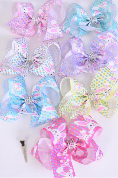 Hair Bow Jumbo Cute Bunny Face Pastel Grosgrain Bow-tie / 12 pcs Bow = Dozen  Alligator Clip , Size - 6" x 5" ,  2 Hot Pink , 2 White , 2 Baby Pink , 2 Lavender , 2 Yellow , 1 Blue , 1 Mint Color Asst , Clip Strip & UPC Code