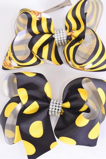 Hair Bow Jumbo Cute Honey Bee & Polkadots Mix Grosgrain Bow-tie/DZ **Alligator Clip** Size-6"x 5" Wide,6 Of each Pattern Asst,Clip Strip & UPC Code