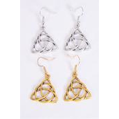 Earrings Triangular Celtic Knot Antique Gold &amp; Silver Mix/DZ **Fish Hook** Size-1.25&quot;x 1&quot; Wide,6 Gold &amp; 6 Silver Mix,Earring Card &amp; OPP Bag &amp; UPC Code