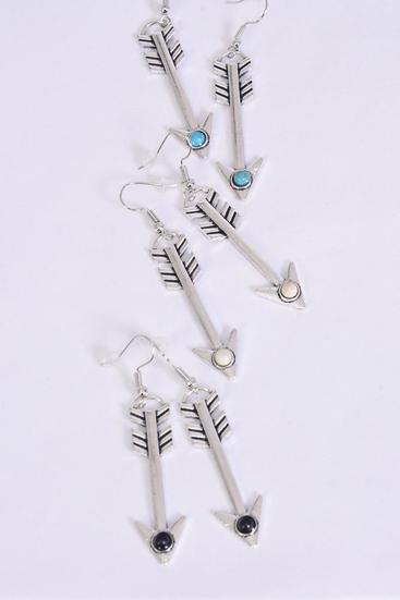 Earrings Metal Antique Arrow Semiprecious Stone / 12 pair = Dozen  Fish Hook , Size - 1.75" Long , 4 Black , 4 Ivory , 4 Turquoise Asst , Earring Card & OPP Bag & UPC Code