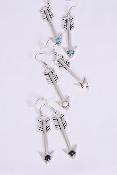 Earrings Metal Antique Arrow Semiprecious Stone / 12 pair = Dozen  Fish Hook , Size - 1.75" Long , 4 Black , 4 Ivory , 4 Turquoise Asst , Earring Card & OPP Bag & UPC Code