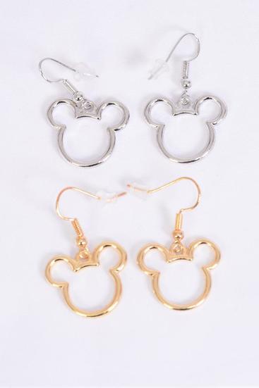 Earrings Metal Mouse Ear Gold Silver Mix / 12 pair = Dozen Fish Hook , Face Size - 0.85" Wide , 6 Gold , 6 Silver Asst , Earring Card & OPP Bag & UPC Code