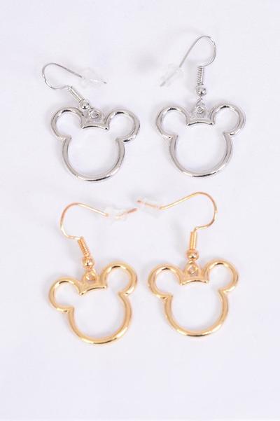 Earrings Metal Mouse Ear Gold Silver Mix / 12 pair = Dozen Fish Hook , Face Size - 0.85" Wide , 6 Gold , 6 Silver Asst , Earring Card & OPP Bag & UPC Code