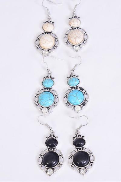 Earrings Metal Antique Dangle Semiprecious Stone / 12 pair = Dozen Fish Hook , Size - 1.5" x 1" Wide , 4 Black , 4 Ivory , 4 Turquoise Asst , Earring Card & OPP Bag & UPC Code -