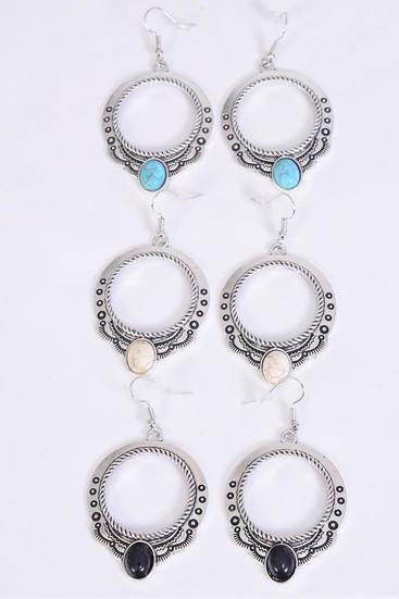 Earrings Metal Antique Western Like Semiprecious Stone / 12 pair = Dozen Fish Hook , Size - 1.5" x 1.25" Wide , 4 Black , 4 Ivory , 4 Turquoise Asst , Earring Card & OPP Bag & UPC Code