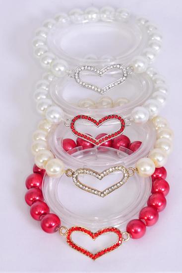 Bracelet 10 mm Glass Pearl W Rhinestone Heart/DZ **Stretch** Heart Size-1.25"x 1" Wide,3 of each Patterm Asst,Hang Tag & OPP bag & UPC Code -