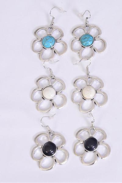 Earrings Metal Antique Flower Semiprecious Stone / 12 pair = Dozen  Fish Hook , Size - 1.25" Wide , 4 Black ,4 Ivory , 4 Turquoise Asst , Earring Card & OPP Bag & UPC Code