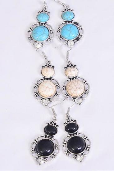 Earrings Metal Antique Dangle Semiprecious Stone/DZ **Fish Hook** Size-1.5"x 1" Wide,4 Black,4 Ivory,4 Turquoise Asst,Earring Card & OPP Bag & UPC Code -