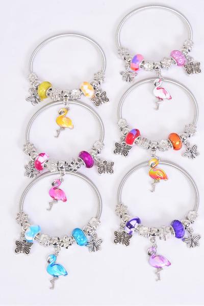 Charm Bracelet Flamingo Enamel & Butterfly Charm / 12 pcs = Dozen Multi , 2 Of Each Pattern Asst , Hang Tag & Opp Bag & UPC Code