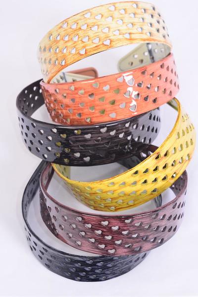 Headband Horseshoe Acrylic Cutout Heart Brush Stroked Wood Finish / 12 pcs = Dozen Heart , Size - 1.5" Wide , 2 of each Color Asst , Hang tag & Opp bag & UPC Code