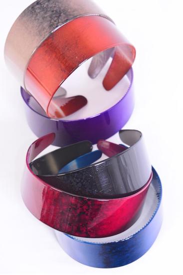 Headband Horseshoe Acrylic Wide Gradient Multi / 12 pcs = Dozen  Size - 1.75" Wide , 2 Black , 2 Red , 2 Blue , 2 Purple , 2 Burgundy , 2 Beige Color Asst , Hang tag & Individual Opp bag and UPC Code