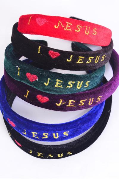 Headband Horseshoe Velvet Jesus Embroidery Dark Multi / 12 pcs = Dozen Multi , Size-1" Wide , 2 Black , 2 Brown , 2 Royal Blue , 2 Purple , 2 Hunter Green , 2 Red Color Asst , OPP Bag