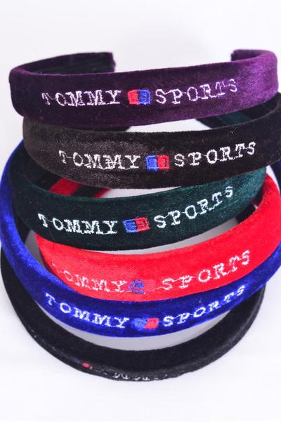 Headband Horseshoe Velvet Sports Embroidery Dark Multi / 12 pcs = Dozen Size-1" Wide , 2 Black ,2 Brown ,2 Royal Blue ,2 Purple ,2 Hunter Green ,2 Red Color Asst ,OPP Bag