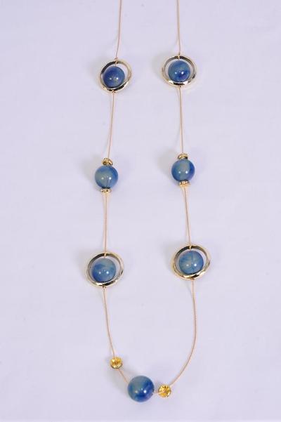 Necklace Trendy Marble Like Rhinestone Bezel Navy / 12 pcs = Dozen Navy , 30'' Chain , Hang Card & OPP Bag & UPC Code