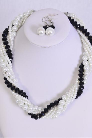 Necklace Sets Pearls W Black Glass Crystals / Sets Black White Mix , 16" long W Extension Chain , Hang tag & Opp bag & UPC Code 