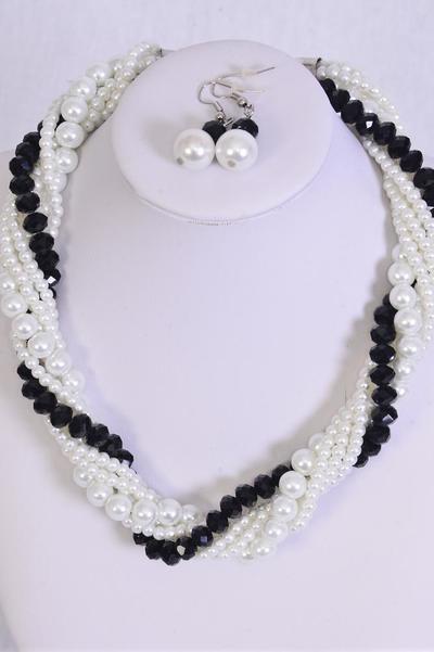 Necklace Sets White Glass Pearls W Black Glass Crystals/SetC **Black & White Mix** 16" long W Extension Chain,hang tag & Opp bag & UPC Code -