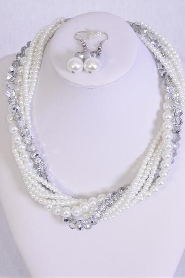 Necklace Sets Bunch White Glass Pearls W Clear Glass Crystals/set **White** 16" W Extension Chain,hang Tag & Opp bag & UPC Code