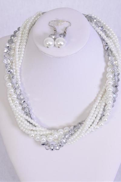 Necklace Sets Bunch White Pearls W Clear Glass Crystals / Set White , 16" W Extension Chain , Hang Tag & Opp bag & UPC Code