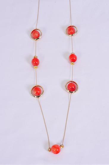Necklace Trendy Marble Like Rhinestone Bezel Red / 12 pcs = Dozen  Red , 30'' Chain , Hang Card & OPP Bag & UPC Code