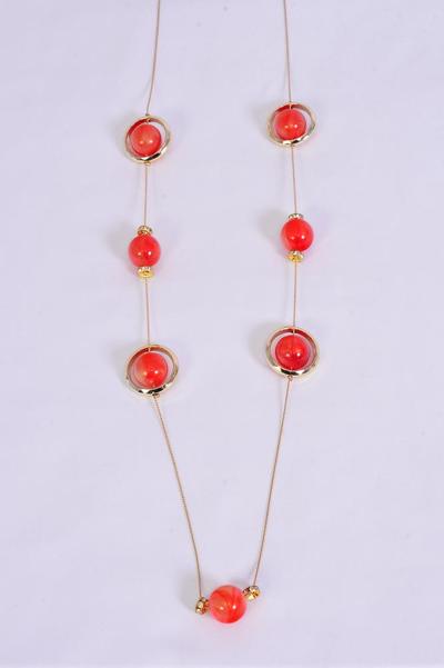Necklace Trendy Marble Like Rhinestone Bezel Red / 12 pcs = Dozen  Red , 30'' Chain , Hang Card & OPP Bag & UPC Code