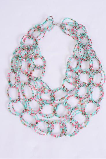 Necklace Layered Handmade Circle Beads Turquoise / 12 ocs = Dozen Turquoise , Size - 24" Long , Display Card & OPP Bag & UPC Code