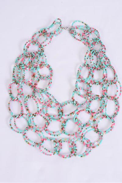 Necklace Layered Handmade Circle Beads Turquoise / 12 pcs = Dozen Turquoise , Size - 24" Long , Display Card & OPP Bag & UPC Code