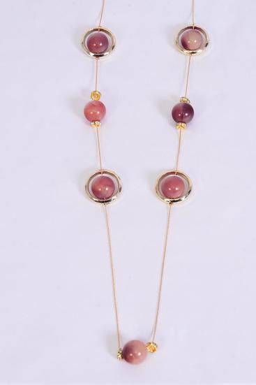 Necklace Trendy Marble Like Rhinestone Bezel Purple / 12 pcs = Dozen Purple , 30'' Chain , Hang Card & OPP Bag & UPC Code