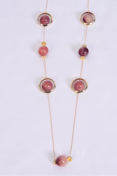 Necklace Trendy Marble Like Rhinestone Bezel Purple / 12 pcs = Dozen Purple , 30'' Chain , Hang Card & OPP Bag & UPC Code