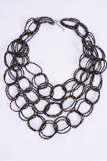 Necklace Layered Handmade Circle Beads Black / PC Black , Size - 24" Long , Hang Card & OPP Bag & UPC Code