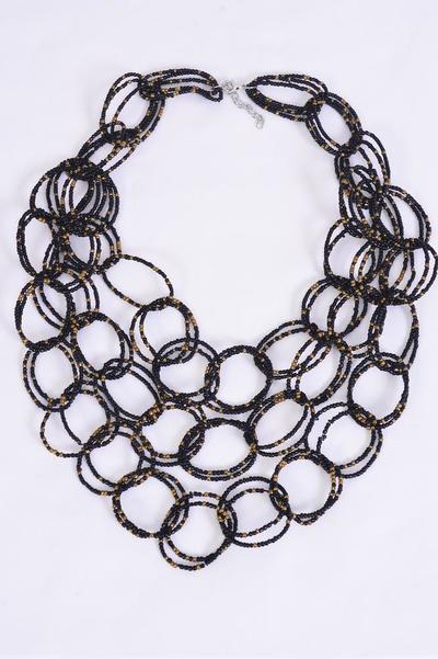 Necklace Layered Handmade Circle Beads Black / PC Black , Size - 24" Long , Hang Card & OPP Bag & UPC Code