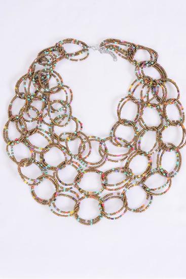Necklace Layered Handmade Circle Beads Branze Multi / 12 pcs = Dozen Bronze Multi Mix , Size - 24" Long , Hang Card & OPP Bag & UPC Code