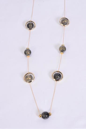 Necklace Trendy Marble Like Rhinestone Bezel Black / 12 pcs = Dozen Black , 30'' Chain , Display Card & OPP Bag & UPC Code