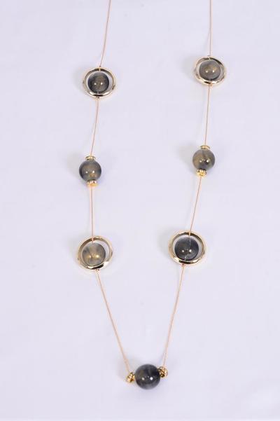 Necklace Trendy Marble Like Rhinestone Bezel Black / 12 pcs = Dozen Black , 30'' Chain , Display Card & OPP Bag & UPC Code