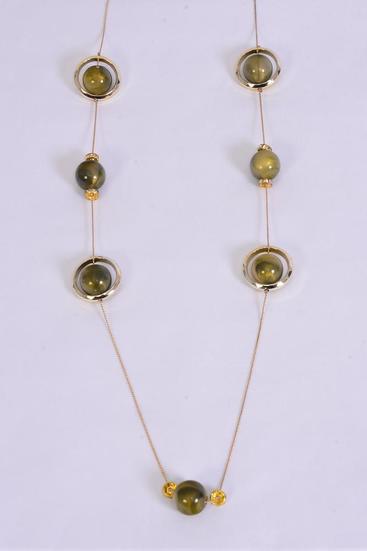 Necklace Trendy Marble Like Rhinestone Bezel Olive Green / 12 pcs = Dozen Olive Green , 30'' Chain , Hang Card & OPP Bag & UPC Code