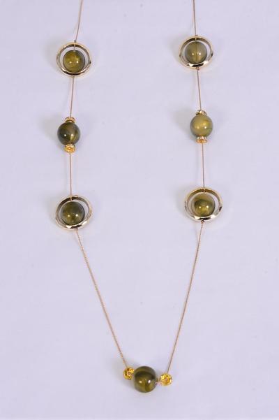 Necklace Trendy Marble Like Rhinestone Bezel Olive Green / 12 pcs = Dozen Olive Green , 30'' Chain , Hang Card & OPP Bag & UPC Code