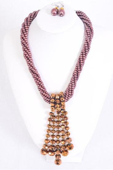 Necklace Sets Brown Pearls & Glass Crystal Drop/Sets **Brown Pearl** Size-17" Extension Chain,Hang Tag & OPP Bag & UPC Code -