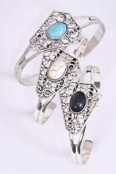 Bracelet Cuff Semiprecious Stone / 12 pcs = Dozen Cuff , Flexable , 4 Black , 4 Ivory , 4 Turquoise Asst , Hang Tag & OPP Bag & UPC Code